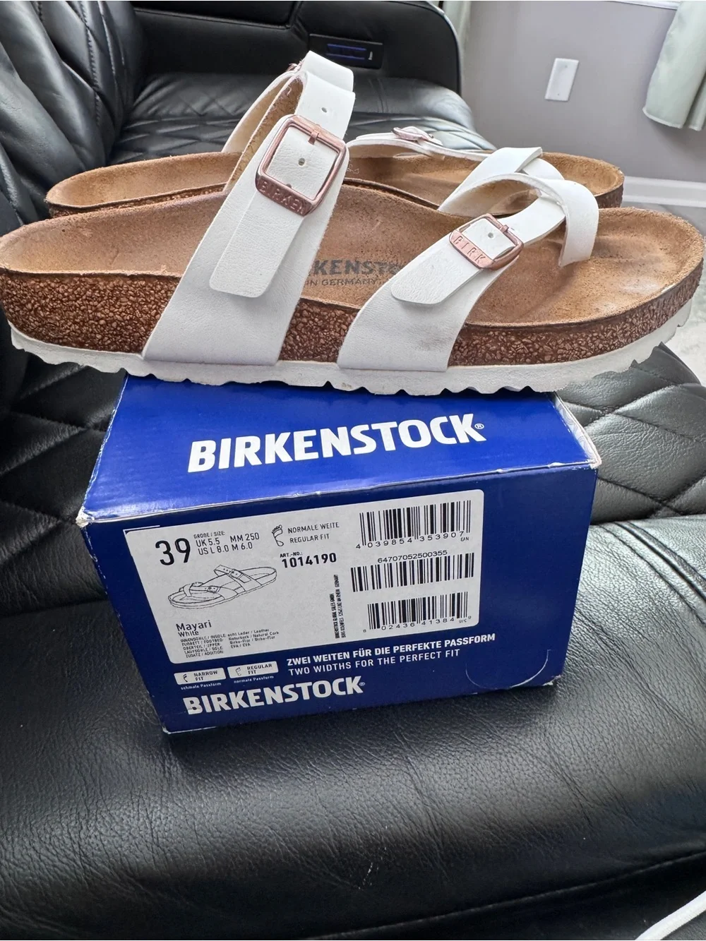 Birkenstock White Mayari Sandals with Rose Gold Buckles